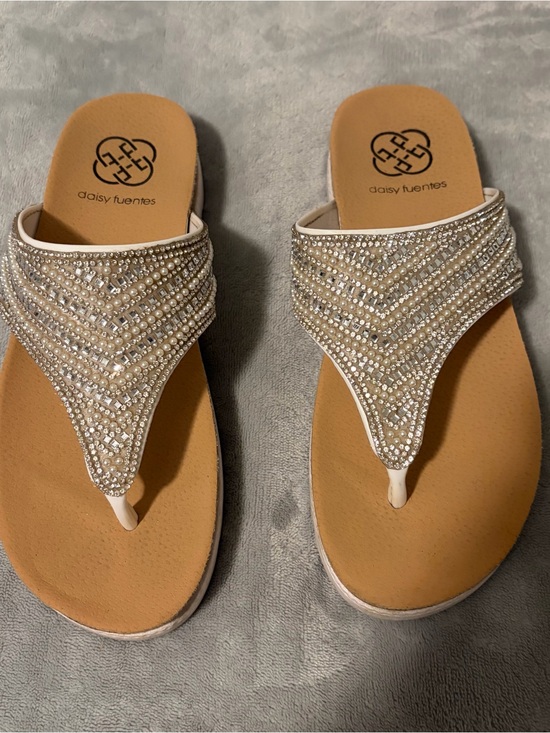 Daisy Fuentes Shoes - Daisy Fuentes Beige Crystal Embellished Thong Sandals